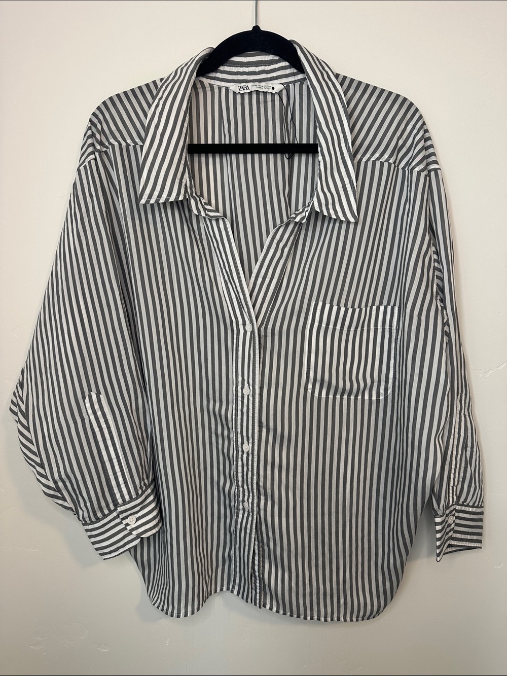 Zara Blue and White Vertical Stripe Oversized Button-Down Shirt M